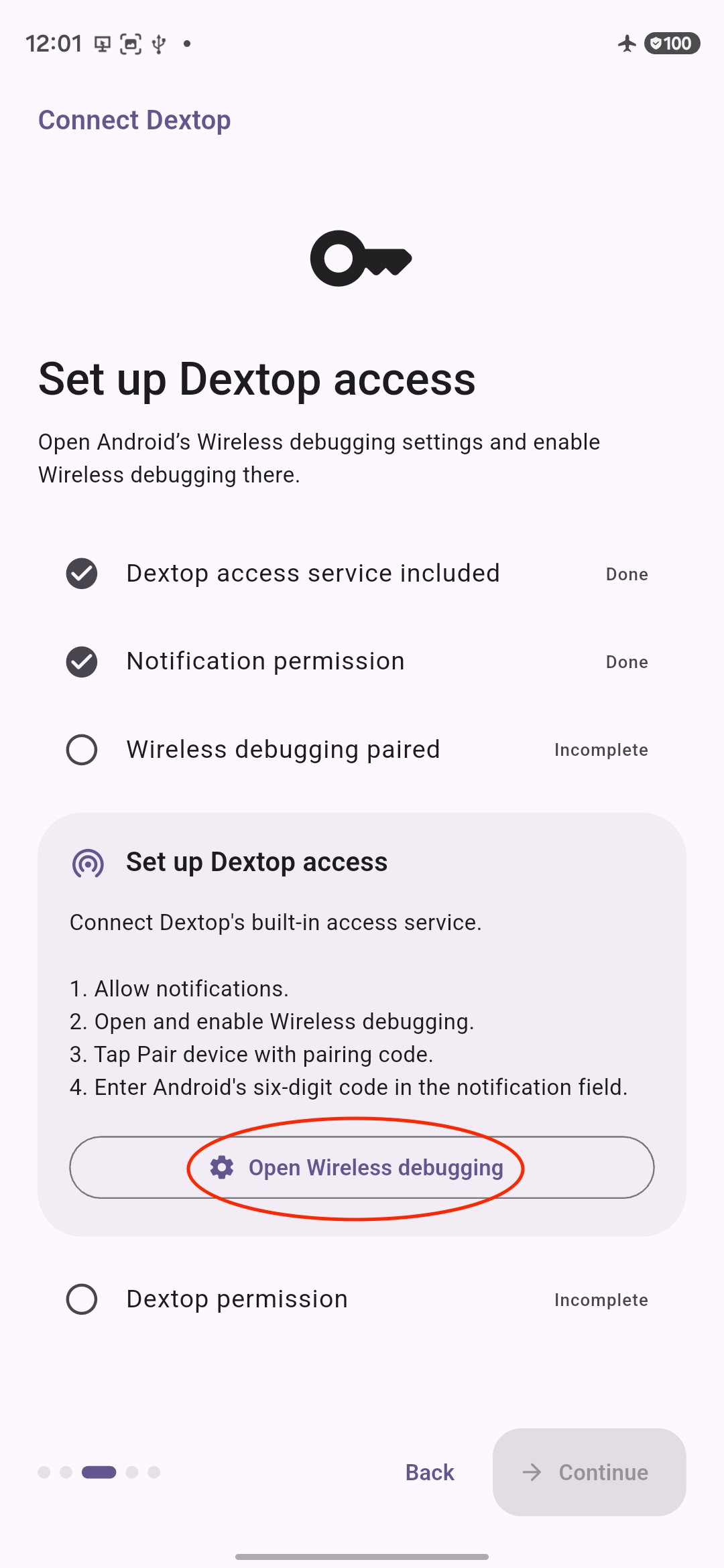 Dextop wireless debugging setup
