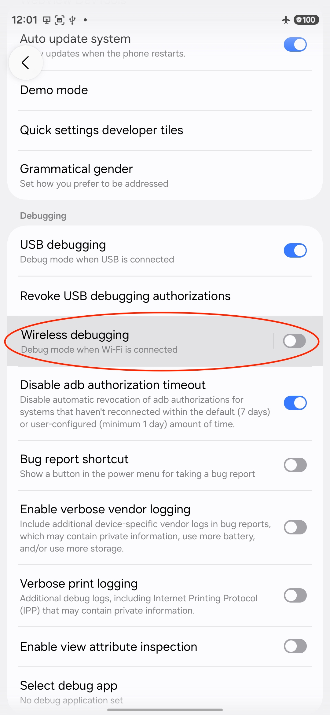 Android wireless debugging settings