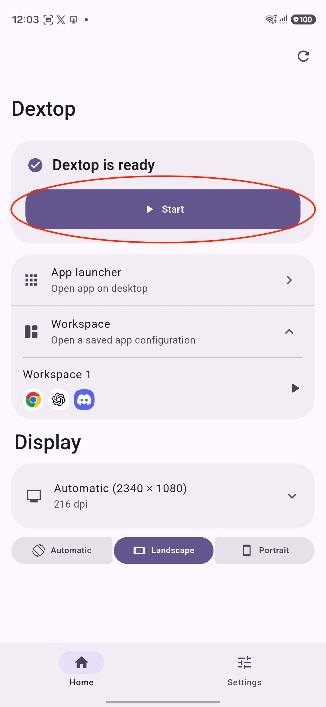 Dextop ready screen